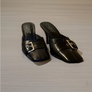 Franco Sarto Black Leather Mules with Gold Buckle
